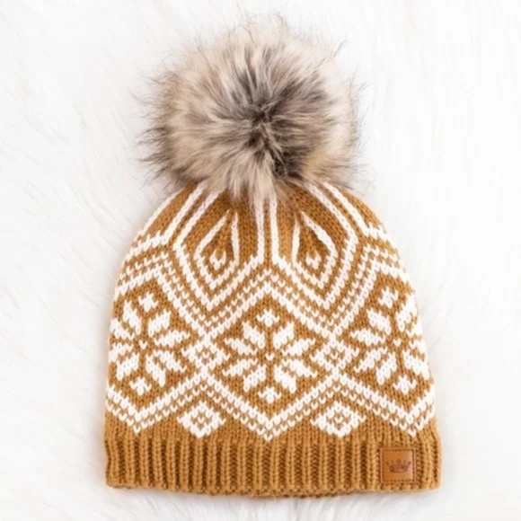 Camel White Knit Snowflake Pattern Knit Fleece Lined Faux Fur Pom Beanie Hat - Picture 3 of 3